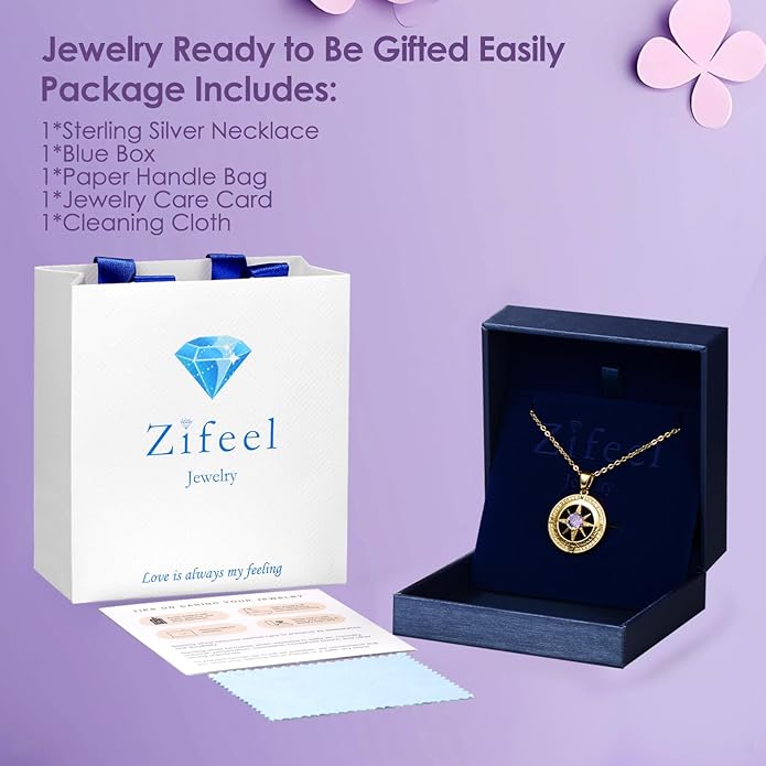 Compass Necklace Gifts for Women wife - S925 Sterling Silver Birthstone Necklaces for Women - Anniversary Birthday Gifts for Her Wife Girlfriend - Valentines Mom Mothers Day Christmas Gifts Jewelry for Women