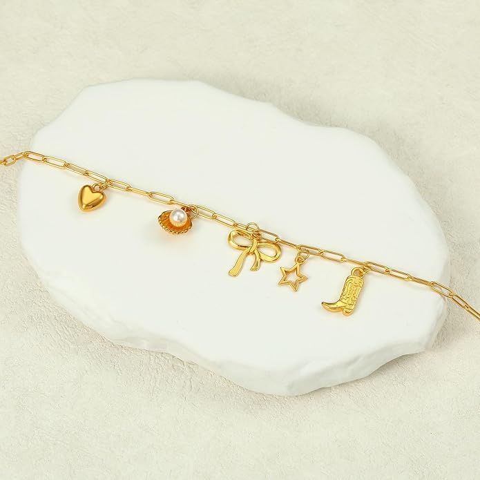 Choistily Charm Necklace Dainty Gold Western Outfit Beach Jewelry for Women Trendy Cowgirl Accessories for Women Gold Bow Sea Shell Pendant Necklace Preppy Stuff Summer Jewelry 2025
