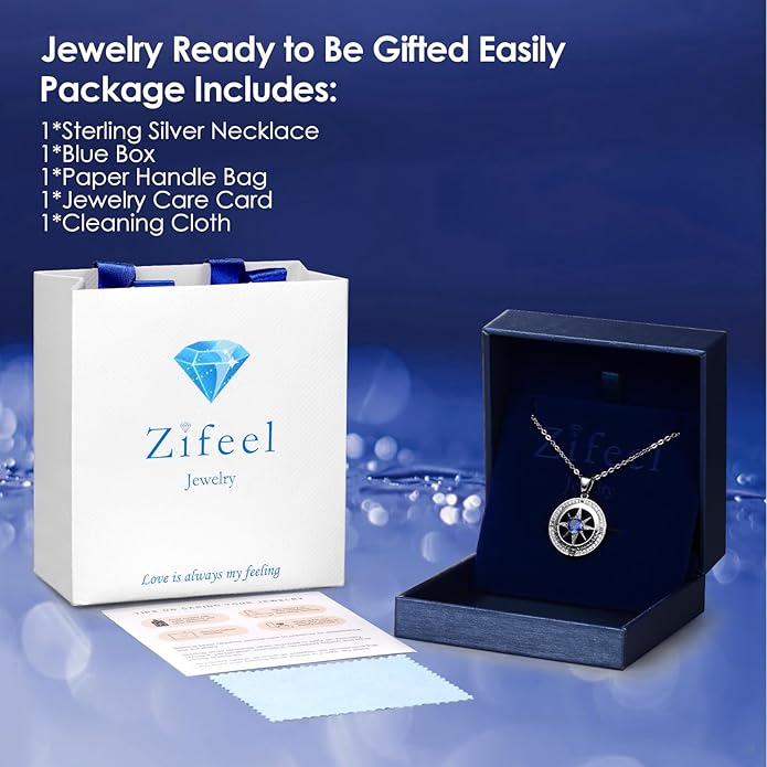 Compass Necklace Gifts for Women wife - S925 Sterling Silver Birthstone Necklaces for Women - Anniversary Birthday Gifts for Her Wife Girlfriend - Valentines Mom Mothers Day Christmas Gifts Jewelry for Women