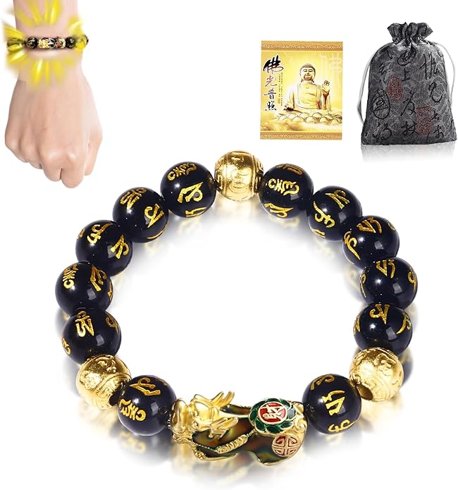 Feng Shui Bracelet Obsidian Bracelet, 24k Gold Plated PiXiu Dragon Protection for Men Women, 12mm Mantra Prayer Beads Bracelets Meditation Decompression Meaning to Attract Wealth, Good Luck