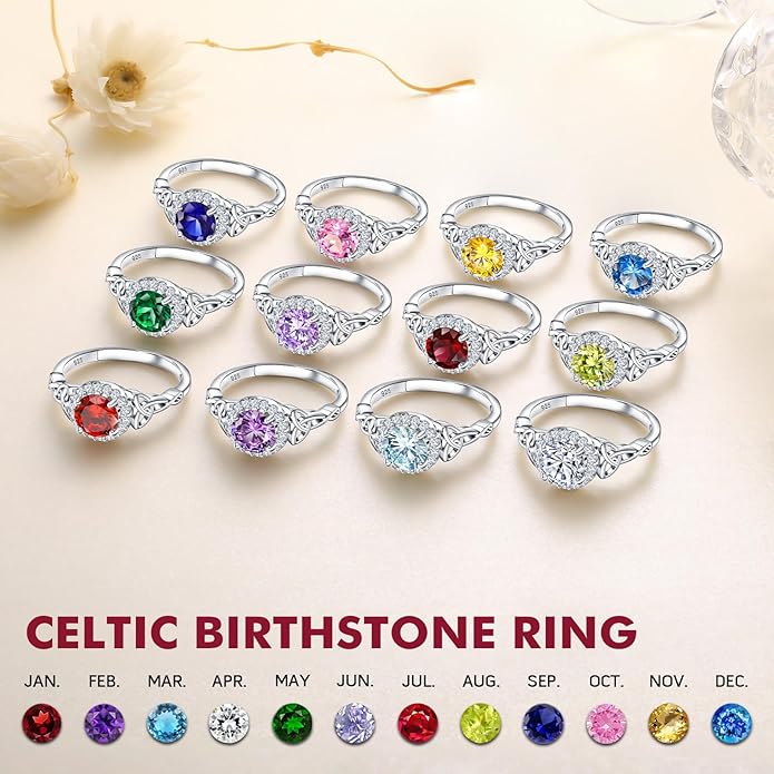 DAYBYDAY Celtic Birthstone Rings for Women 925 Sterling Silver Heart/Round/Pear/Oval Created Gemstone Moissanite Halo Engagement Promise Rings for Her Wife Birthday Anniversary Wedding Jewelry