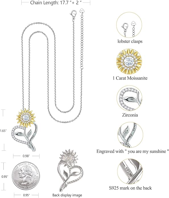 1 Carat Moissanite Sunflower Pendant Necklace | 'You Are My Sunshine' Engraved Heart Charm | 925 Sterling Silver | Radiant Anniversary, Wedding, Timeless Commitment Gift for Her