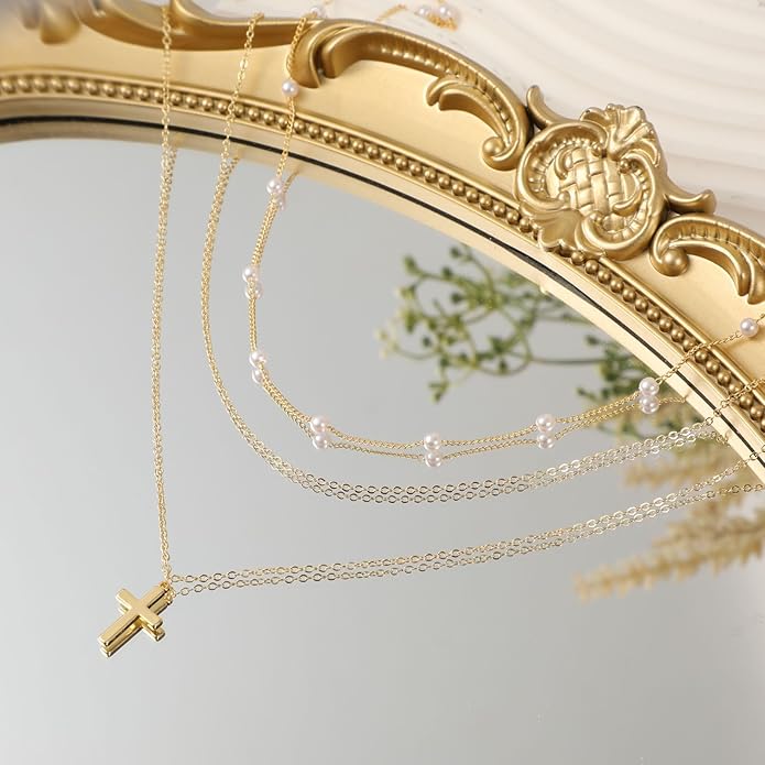 ASCOMY Layered Necklaces for Women Dainty Gold Necklace 14K Gold Plated Herringbone Necklace for Women Pearl Cross Necklace Paperclip Cuban Figaro Rope Satellite Chain Gold Choker Trendy Jewelry Gift