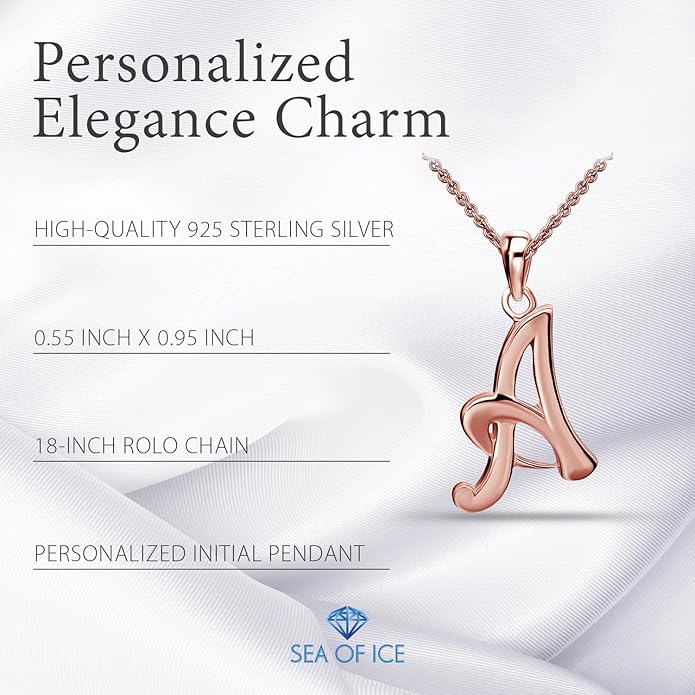 SEA OF ICE Letter Initial Necklace, Alphabet Letter Pendant Necklace, Sterling Silver, Gold, Rose Gold Necklace for Women, Elegant Initial Necklaces, Personalized Custom Women's Necklaces