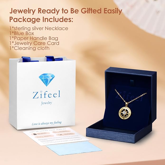 Compass Necklace Gifts for Women wife - S925 Sterling Silver Birthstone Necklaces for Women - Anniversary Birthday Gifts for Her Wife Girlfriend - Valentines Mom Mothers Day Christmas Gifts Jewelry for Women