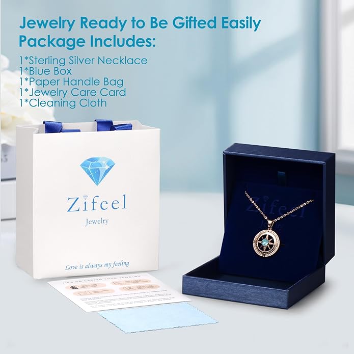 Compass Necklace Gifts for Women wife - S925 Sterling Silver Birthstone Necklaces for Women - Anniversary Birthday Gifts for Her Wife Girlfriend - Valentines Mom Mothers Day Christmas Gifts Jewelry for Women