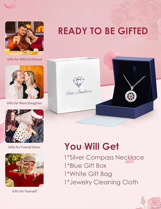 Silver Compass Necklace for Women Birthday Gifts for Wife Anniversary Necklace for Women Rose Flower Birthstone Necklaces for Wife Jewelry for Womens Girlfriend Mom Daughter