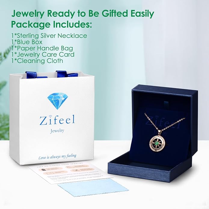 Compass Necklace Gifts for Women wife - S925 Sterling Silver Birthstone Necklaces for Women - Anniversary Birthday Gifts for Her Wife Girlfriend - Valentines Mom Mothers Day Christmas Gifts Jewelry for Women