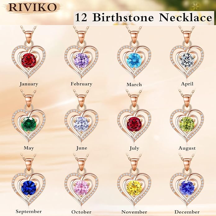 RIVIKO Heart Birthstone Pendant Necklace for Women 925 Sterling Silver Zirconia Necklaces Wedding Anniversary Birthday Mothers Day Jewelry Gifts For Her Mother Wife