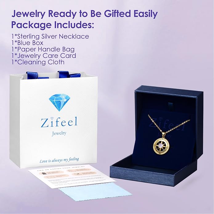 Compass Necklace Gifts for Women wife - S925 Sterling Silver Birthstone Necklaces for Women - Anniversary Birthday Gifts for Her Wife Girlfriend - Valentines Mom Mothers Day Christmas Gifts Jewelry for Women