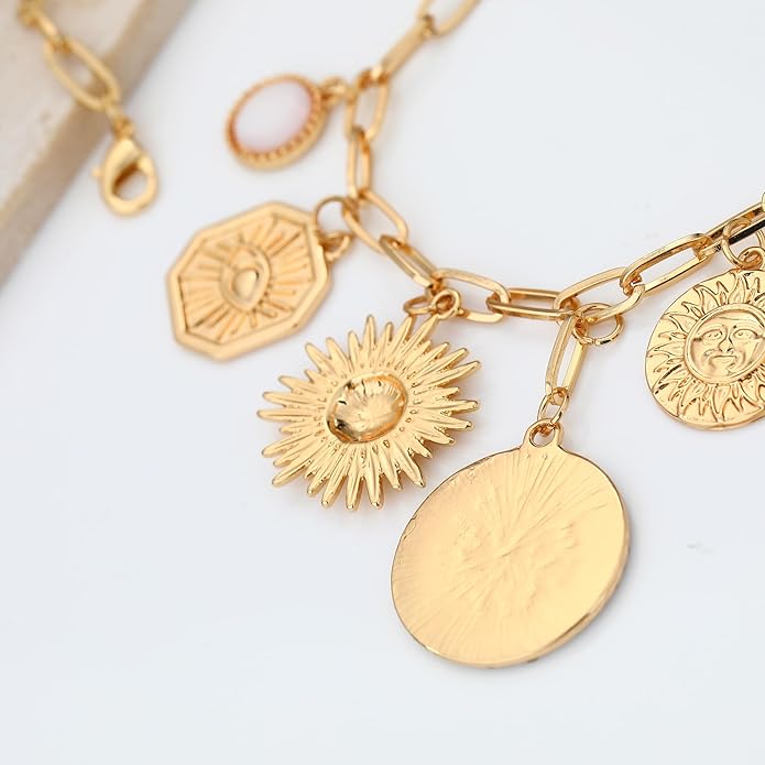 Charm Necklace for Women Gold Evil Eye Sun Moon Flower Coin Pendant Necklace Dainty Paperclip Chain Vintage Luck Amulet Choker Necklaces Celestial Jewelry Gift