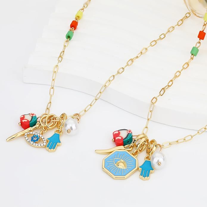 Charm Necklace for Women Gold Evil Eye Sun Moon Flower Coin Pendant Necklace Dainty Paperclip Chain Vintage Luck Amulet Choker Necklaces Celestial Jewelry Gift