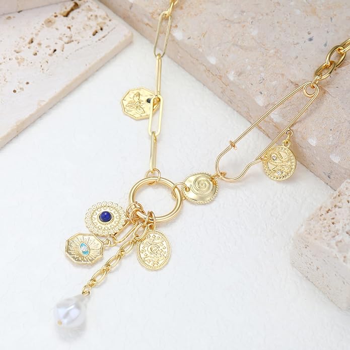 Charm Necklace for Women Gold Evil Eye Sun Moon Flower Coin Pendant Necklace Dainty Paperclip Chain Vintage Luck Amulet Choker Necklaces Celestial Jewelry Gift