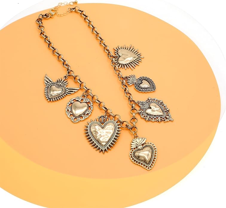 Chunky Retro Heart Necklace for Women Antique Layer Beach Ocean Moon Stars Western Boho Charm Necklaces Retro Link Chain Jewelry