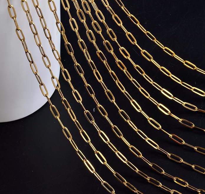 Gold Paperclip Chain Necklace for Women 10pcs 18inch 3X9mm Gold Chains for jewelry Making Stainless Steel Filled 18K Gold Plated Chains Bulk Adjustable Link Chains