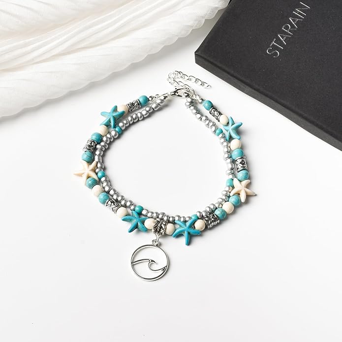 Starain Blue Turtle Anklets for Women Multilayer Beads Handmade Beach Ankle Bracelet Set Boho Foot Jewelry