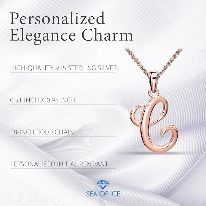 SEA OF ICE Letter Initial Necklace, Alphabet Letter Pendant Necklace, Sterling Silver, Gold, Rose Gold Necklace for Women, Elegant Initial Necklaces, Personalized Custom Women's Necklaces