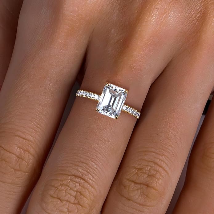 14K Solid Gold Side Stones Ring, Round/Princess Cut Centerpiece Moissanite Lab Grown Created Diamond, D Color and Flawless Real Gold Wedding Anniversary Ring