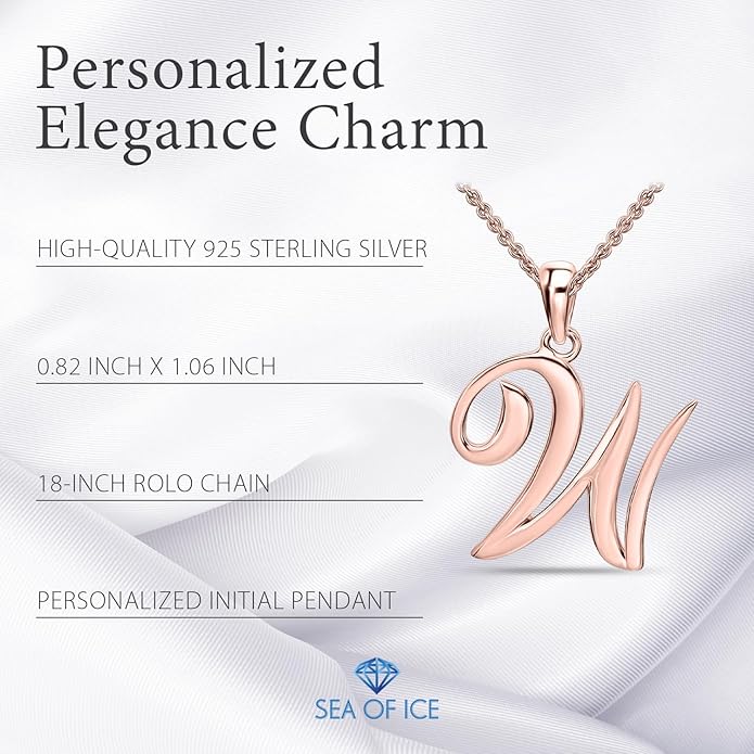 SEA OF ICE Letter Initial Necklace, Alphabet Letter Pendant Necklace, Sterling Silver, Gold, Rose Gold Necklace for Women, Elegant Initial Necklaces, Personalized Custom Women's Necklaces