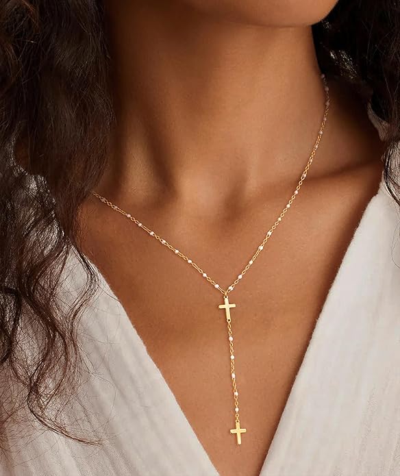 Lariat Gold Necklaces for Women - Dainty Gold Necklace Trendy 14K Gold Plated Hypoallergenic Layered Long Y-Shape Sunburst CZ T-Bar Pendant Drop Chain Necklace Set for Women Non Tarinsh Jewelry Gift