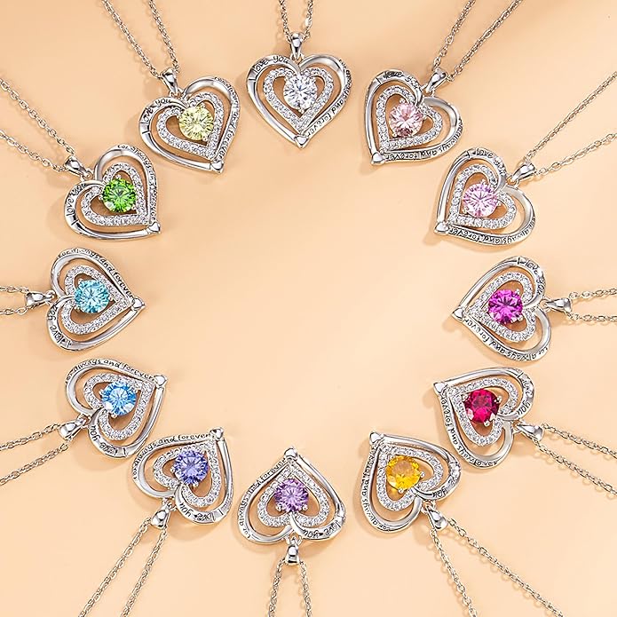 Heart Necklace, I Love You Always & Forever, Birthstone Cubic Zirconia Pendant, Gift for Women
