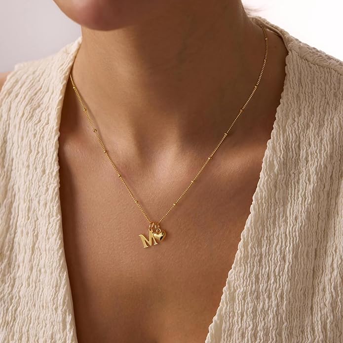 M MOOHAM Gold Heart Initial Necklace for Women Girls - 14K Gold Plated Letter A-Z Pendant Necklace Dainty Heart Necklaces Tiny Initial Necklaces Birthday Gifts for Women Jewelry