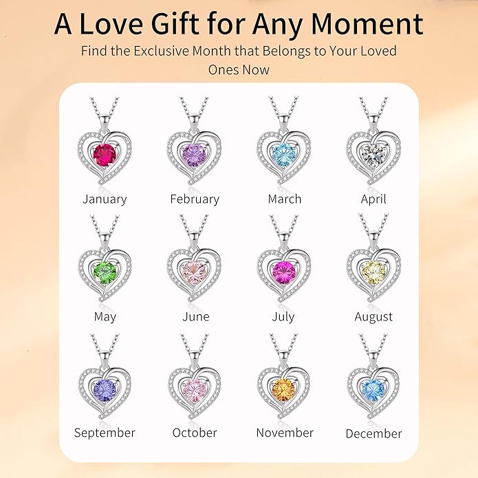 Heart Necklace, I Love You Always & Forever, Birthstone Cubic Zirconia Pendant, Gift for Women