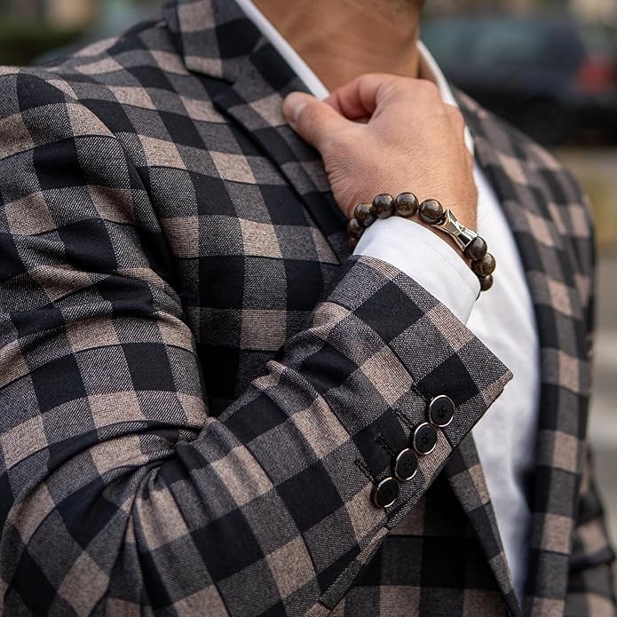 AWNL® Men's Beaded Bracelet with Sterling Silver Engraved Runes Charm 12mm Bronzite Dumortierite Obsidian Natural Gemstone Gift for Men, 6.1''-7.9''