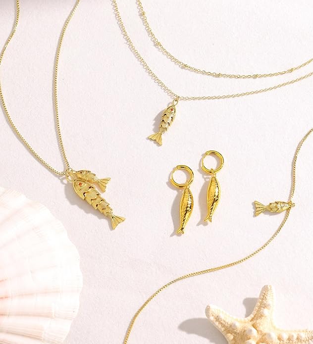 Evabelle Fish Necklace for Women 14K Gold Plated Nickel Free Hypoallergenic Non Tarnish Koi Fish Pandent Ocean Beach Necklace Dainty Summer Jewelry