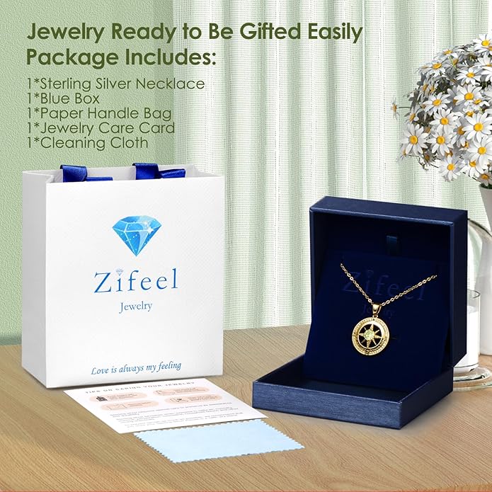 Compass Necklace Gifts for Women wife - S925 Sterling Silver Birthstone Necklaces for Women - Anniversary Birthday Gifts for Her Wife Girlfriend - Valentines Mom Mothers Day Christmas Gifts Jewelry for Women