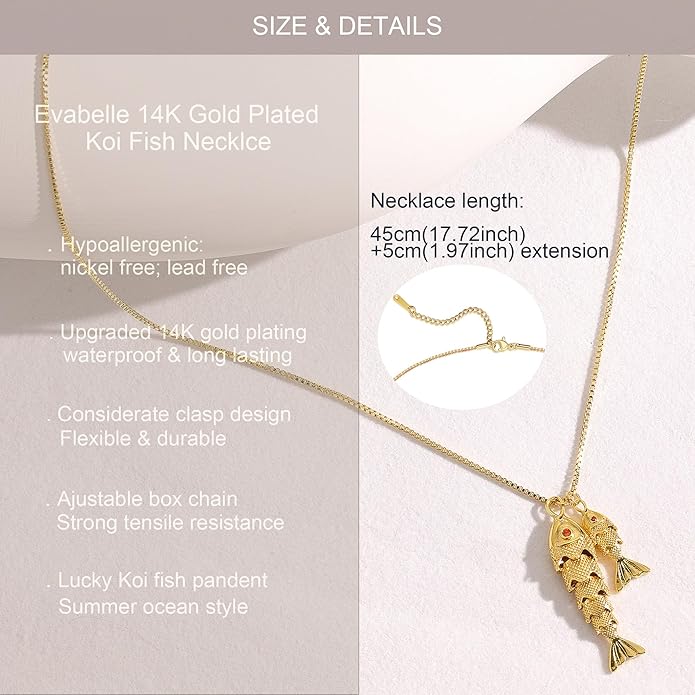 Evabelle Fish Necklace for Women 14K Gold Plated Nickel Free Hypoallergenic Non Tarnish Koi Fish Pandent Ocean Beach Necklace Dainty Summer Jewelry