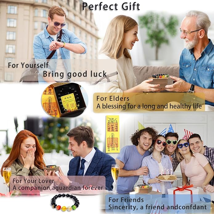 GOLDEN SMILE 10mm Black Obsidian Feng Shui Bracelet - Five Wealth Gods Design with Gold-Plated Spacers & Consecrated Spiritual Talisman - Unisex Meditation Mala for Prosperity, Fortune & Luck