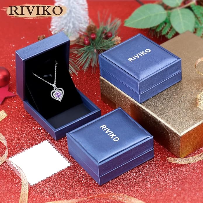 RIVIKO Heart Birthstone Pendant Necklace for Women 925 Sterling Silver Zirconia Necklaces Wedding Anniversary Birthday Mothers Day Jewelry Gifts For Her Mother Wife