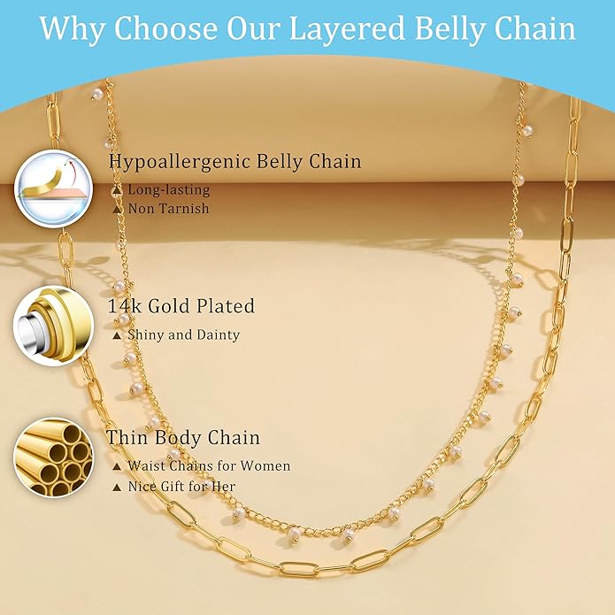 CHESKY Gold Waist Chain for Women, 14K Gold Plated Silver Layered Belly Belt Chains Sexy Bikini Beach Waist Beads Chain Waterproof Snake Pearl Cuban Body Chain Summer Jewelry Accessories for Women