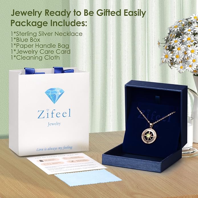 Compass Necklace Gifts for Women wife - S925 Sterling Silver Birthstone Necklaces for Women - Anniversary Birthday Gifts for Her Wife Girlfriend - Valentines Mom Mothers Day Christmas Gifts Jewelry for Women