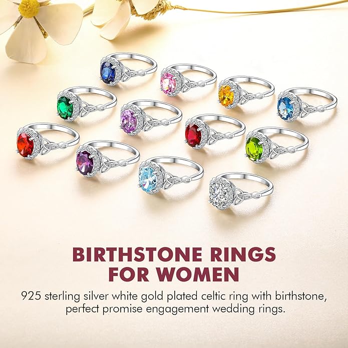 DAYBYDAY Celtic Birthstone Rings for Women 925 Sterling Silver Heart/Round/Pear/Oval Created Gemstone Moissanite Halo Engagement Promise Rings for Her Wife Birthday Anniversary Wedding Jewelry