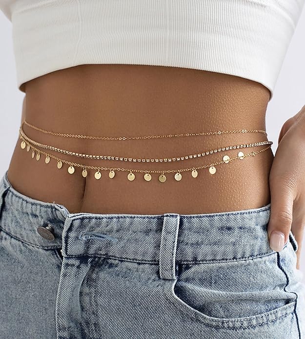 MODRSA Gold Chain Belt - Fashion Waist Chain Belt with Moon, Butterfly Rhinestone & Layered Design