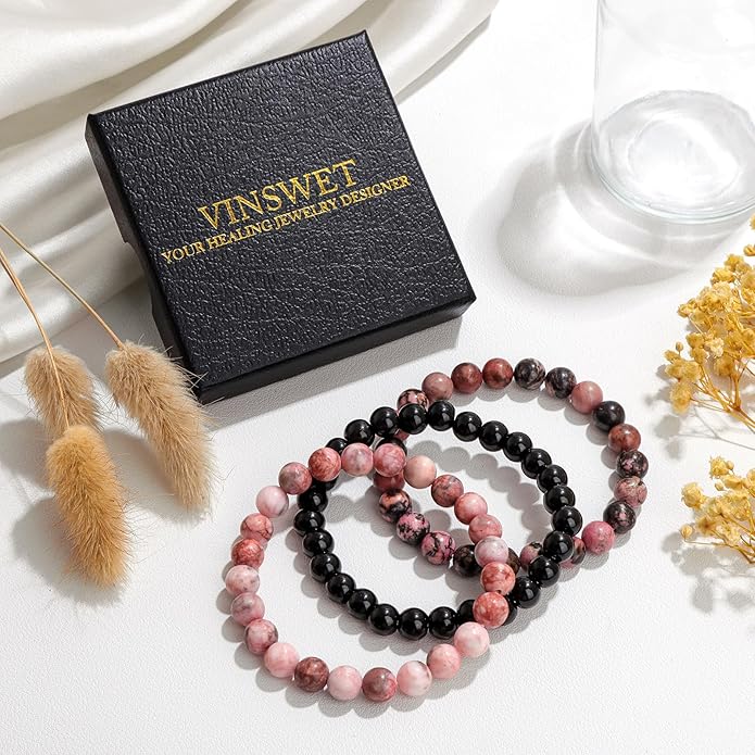 Healing Crystal Bracelets for Women Men 8mm Tiger Eye Hematite Black Obsidian Natural Stone Beaded Stretch Bracelet Triple Protection Handmade Gemstone Reiki Spiritual Jewelry Gifts