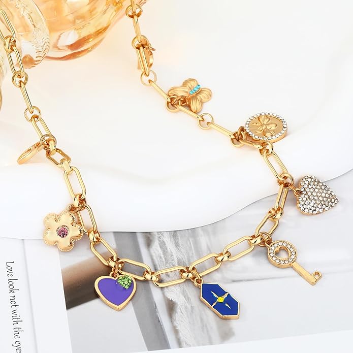 Charm Necklace for Women Gold Evil Eye Sun Moon Flower Coin Pendant Necklace Dainty Paperclip Chain Vintage Luck Amulet Choker Necklaces Celestial Jewelry Gift