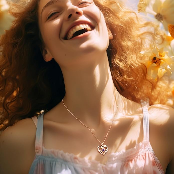 CDE S925 Silver Rose Gold Heart Birthstone Necklaces for Women,Ideal Anniversary or Birthday Jewelry Gifts for Wife Girlfriend Her