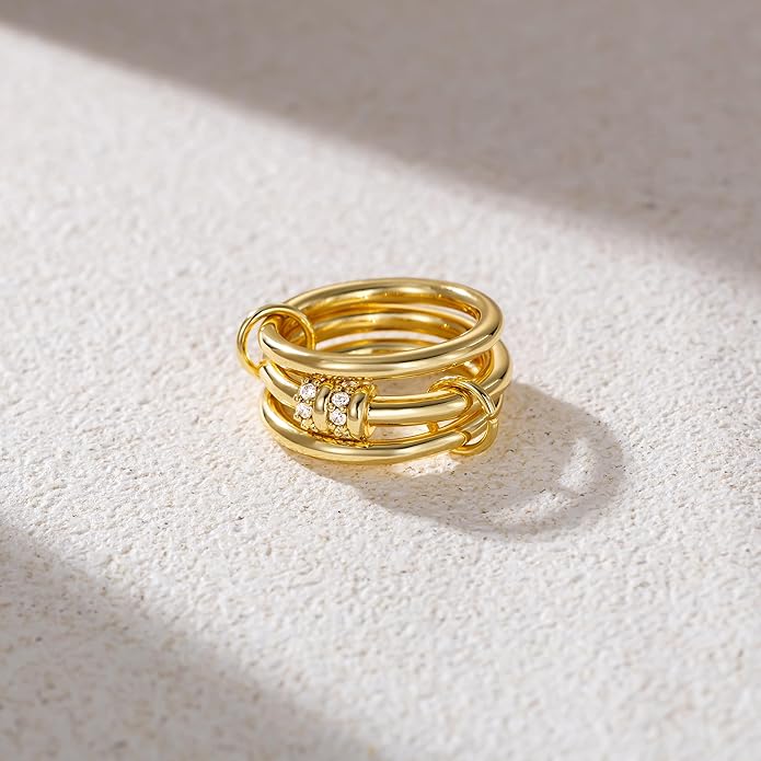 Stackable Gold Rings for Women, 18K Gold Plated Cubic Zirconia Statement Rings, Non Tarnish Ring Set, Dainty Gold Rings for Women, Trendy Fashion Chunky Stacking Rings