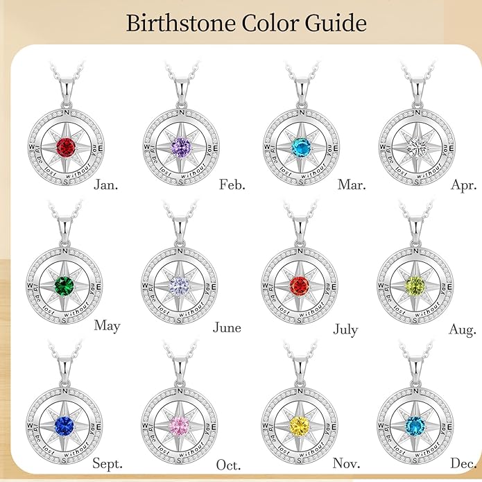 Peeshow Gifts for Women Wife-Compass Birthstone Necklace Gift for Wife Birthday Wedding Anniversary Women Jewelry for Her Girlfriend S925 Sterling Silver