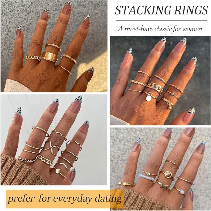 YEEZII 68 Pcs Gold Knuckle Rings Set for Women, Stackable Boho Joint Finger Midi Rings Silver Hollow Carved Crystal Stacking Ring Pack for Gift