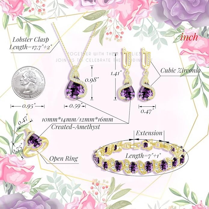 GZWHD Jewelry Set for Women Water Drop Cubic Zirconia Artificial Crystal Earrings Pendant Necklace Open Ring Tennis Bracelet Wedding Anniversary Birthday Engagement Gift for Bridesmaid Wife Girlfriend Friend