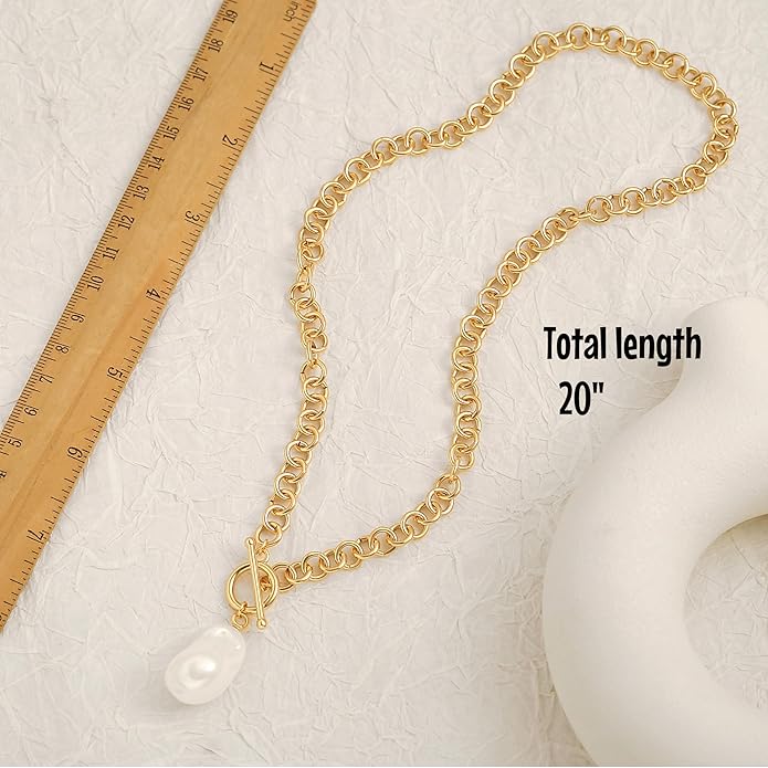18k Gold Chain Link Necklace for Women, Baroque Pearl/Compass Pendant Necklace