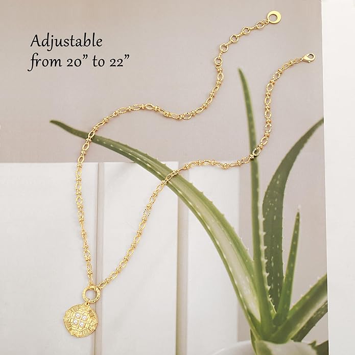 18k Gold Chain Link Necklace for Women, Baroque Pearl/Compass Pendant Necklace