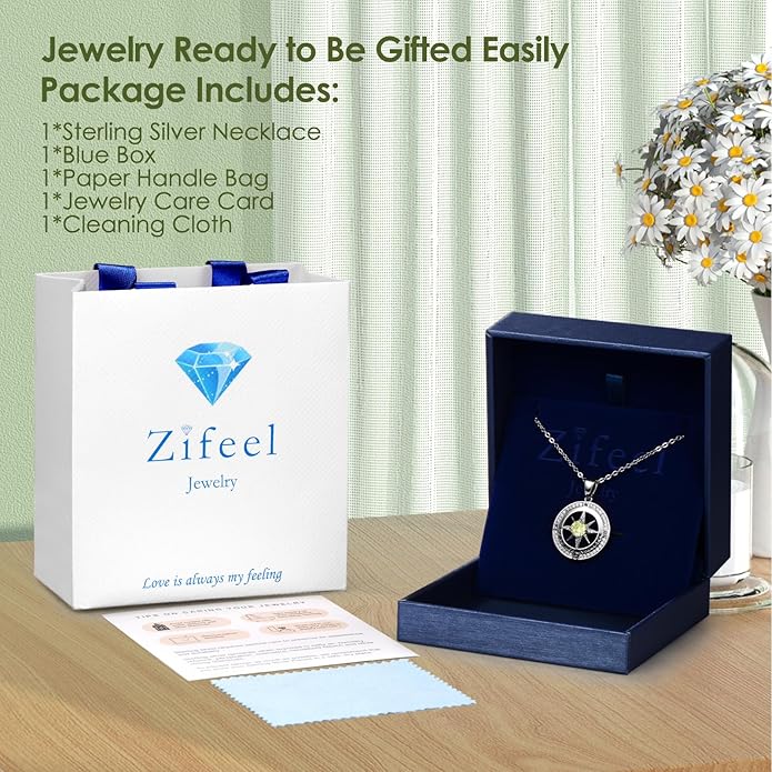 Compass Necklace Gifts for Women wife - S925 Sterling Silver Birthstone Necklaces for Women - Anniversary Birthday Gifts for Her Wife Girlfriend - Valentines Mom Mothers Day Christmas Gifts Jewelry for Women