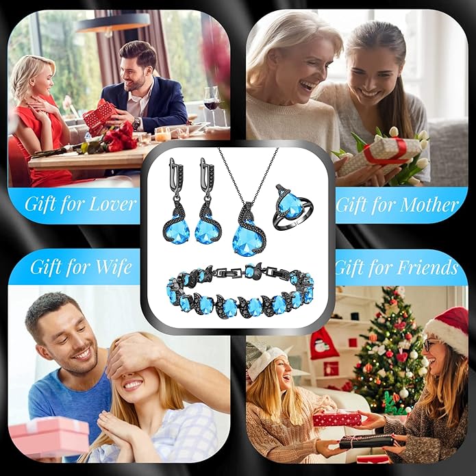 GZWHD Jewelry Set for Women Water Drop Cubic Zirconia Artificial Crystal Earrings Pendant Necklace Open Ring Tennis Bracelet Wedding Anniversary Birthday Engagement Gift for Bridesmaid Wife Girlfriend Friend