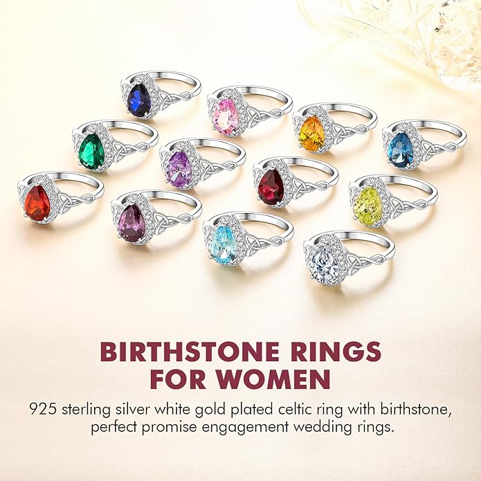DAYBYDAY Celtic Birthstone Rings for Women 925 Sterling Silver Heart/Round/Pear/Oval Created Gemstone Moissanite Halo Engagement Promise Rings for Her Wife Birthday Anniversary Wedding Jewelry