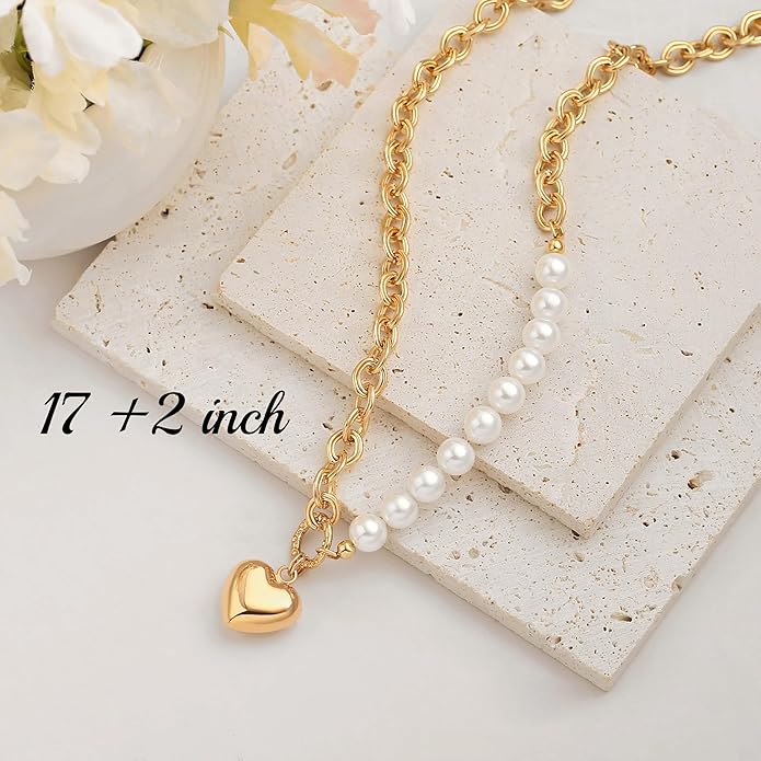 18k Gold Chain Link Necklace for Women, Baroque Pearl/Compass Pendant Necklace
